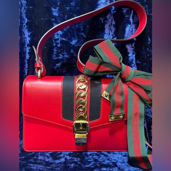 Gucci Sylvie Leather Shoulder Bag Red with suede interior. - Picture 1 of 7